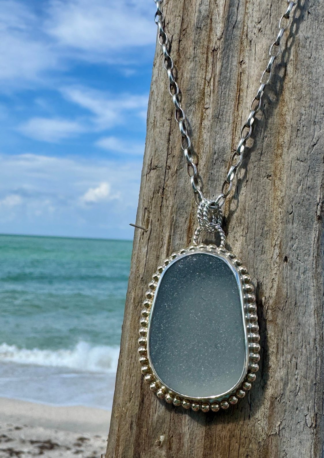 Gray sea glass pendant – mixed metals, sterling silver, 16-inch rolo chain, ocean-inspired jewelry