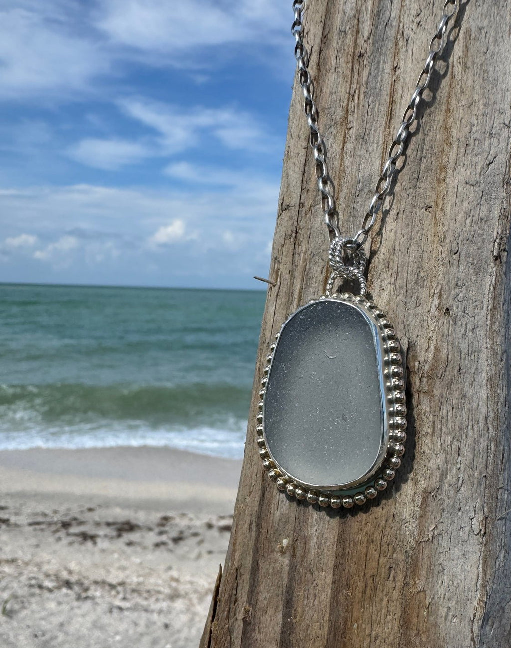 Gray sea glass pendant – mixed metals, sterling silver, 16-inch rolo chain, ocean-inspired jewelry