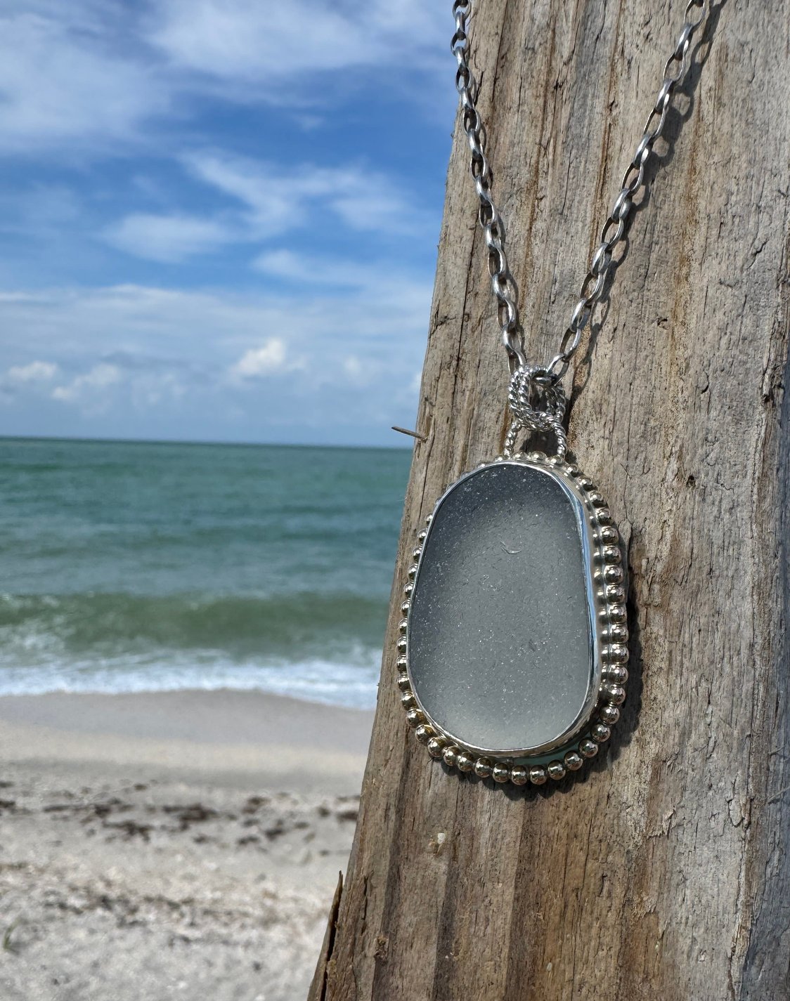 Gray sea glass pendant – mixed metals, sterling silver, 16-inch rolo chain, ocean-inspired jewelry
