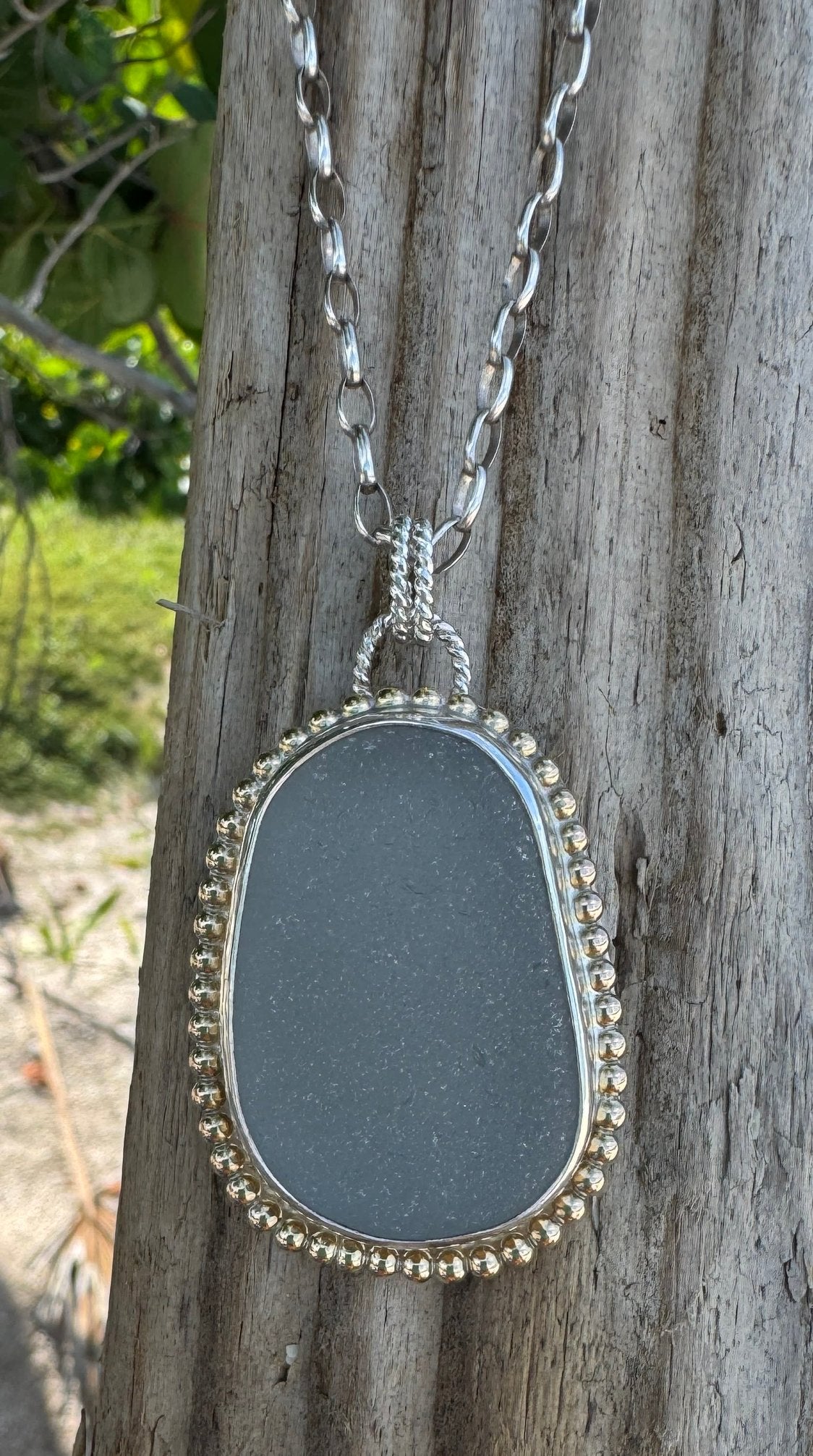 Gray sea glass pendant – mixed metals, sterling silver, 16-inch rolo chain, ocean-inspired jewelry