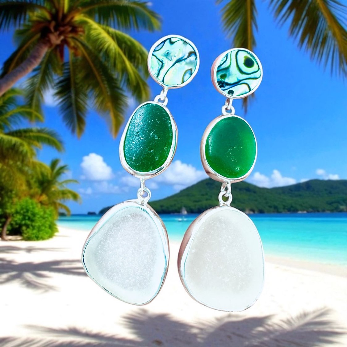 Green and white sea glass with abalone shell earrings – artisan coastal jewelry from Greece & India