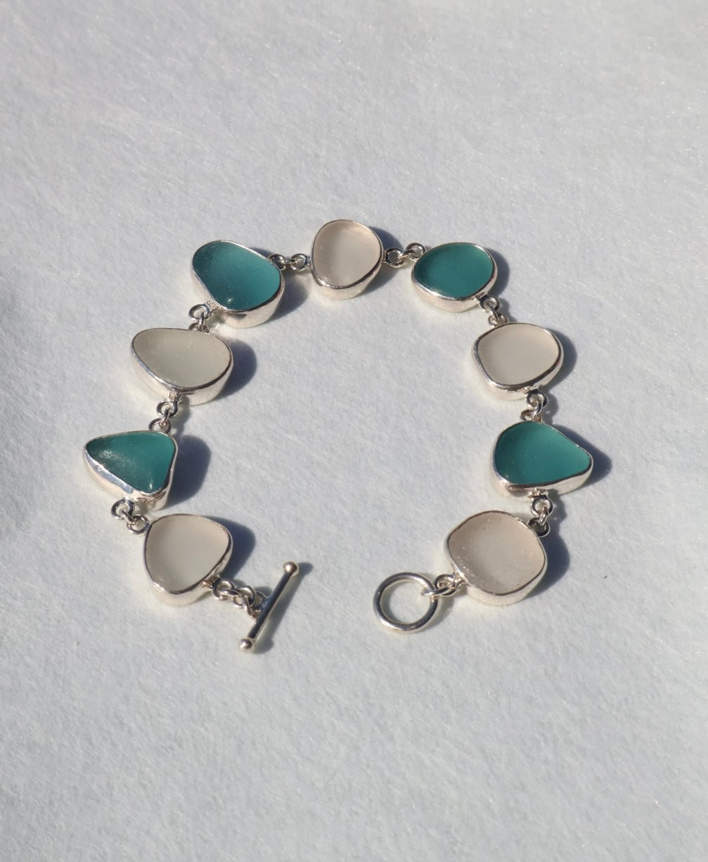 Aquamarine & White Sea Glass Multi-Bezel Bracelet