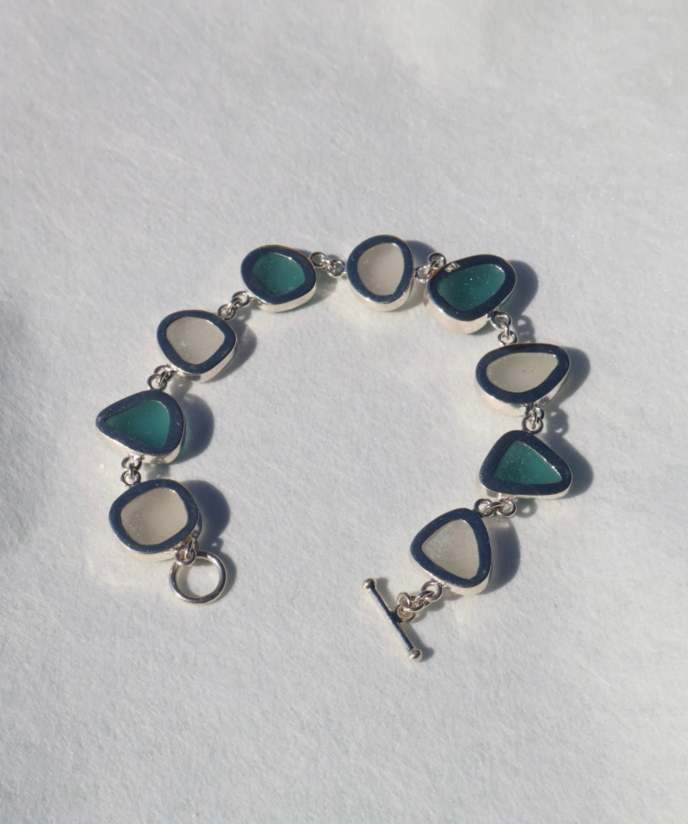 Aquamarine & White Sea Glass Multi-Bezel Bracelet