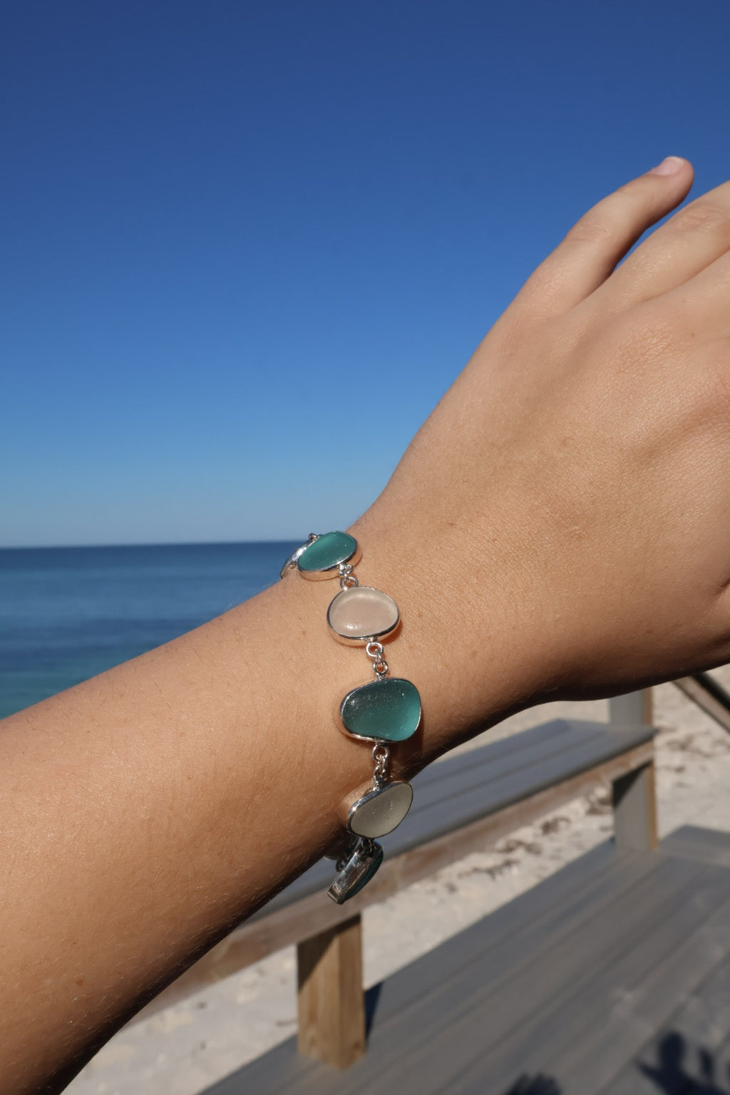 Aquamarine & White Sea Glass Multi-Bezel Bracelet