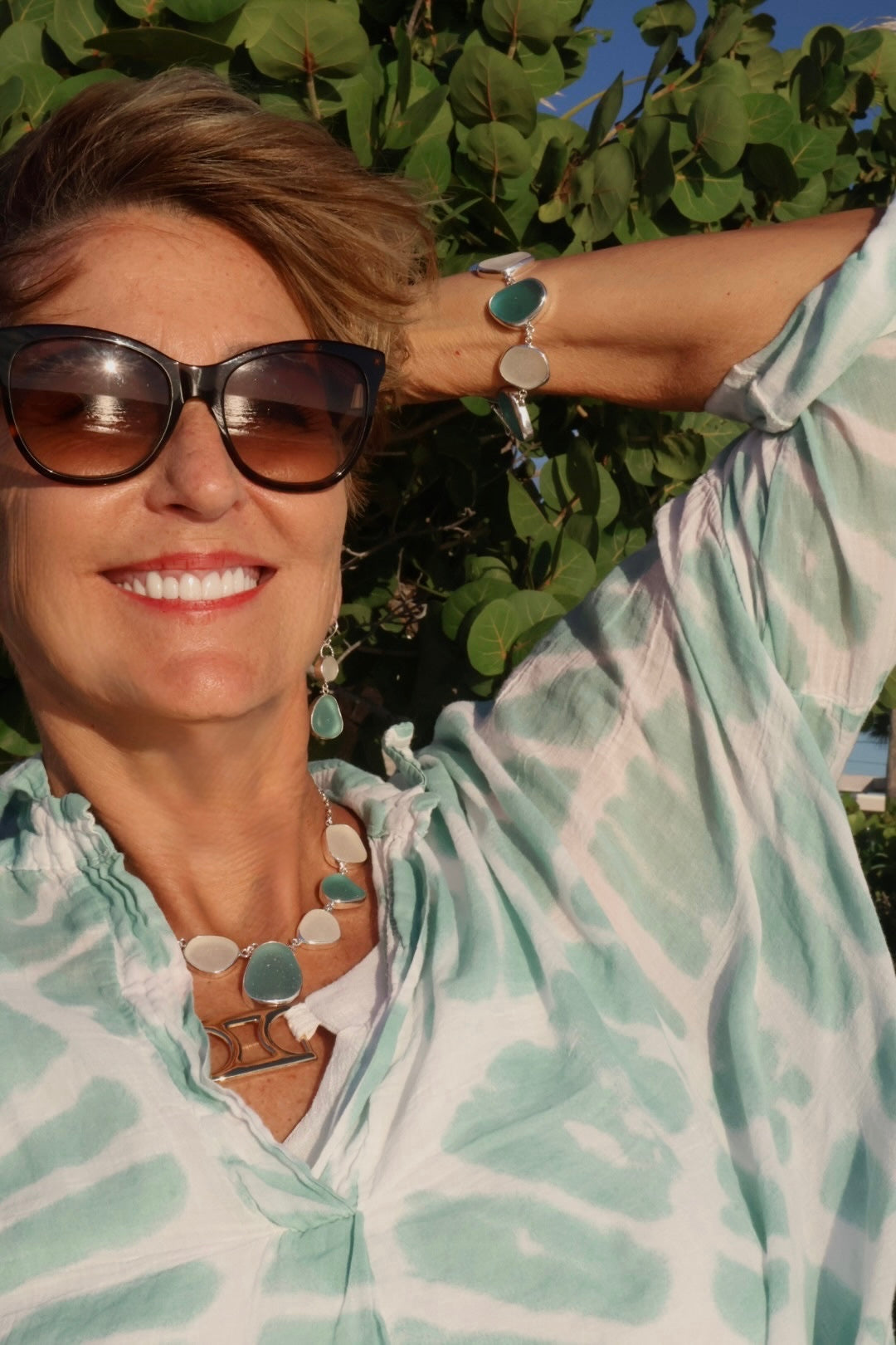 Aquamarine and White Sea Glass Necklace with Earrings