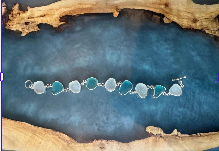 Aquamarine & White Sea Glass Multi-Bezel Bracelet
