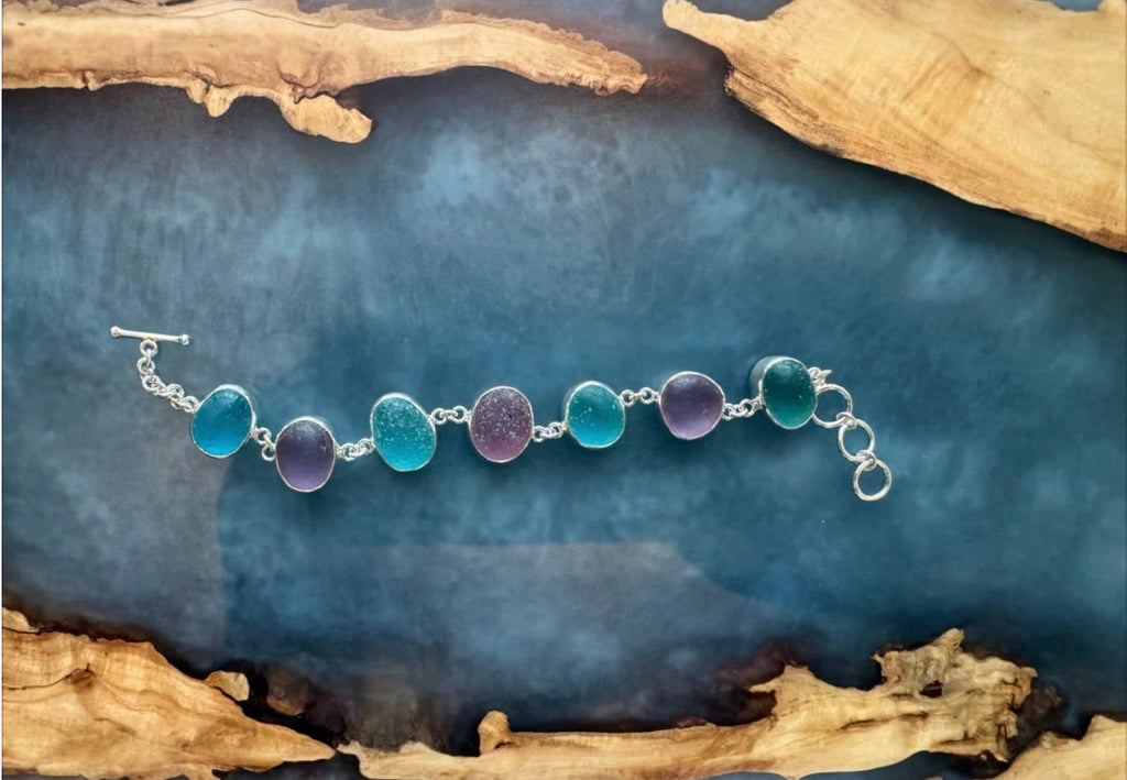 Rare Turquoise Blue & Deep Purple Sea Glass Bracelet