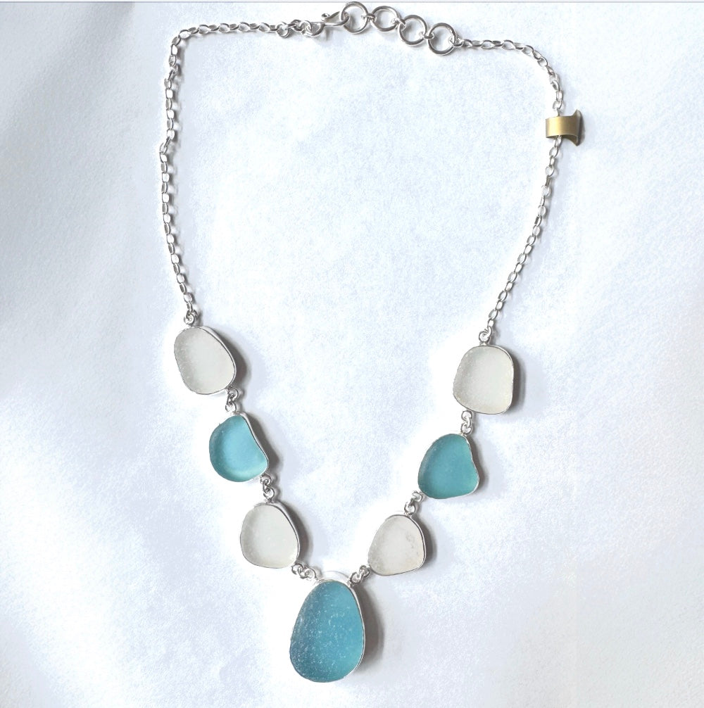 Aquamarine and White Sea Glass Necklace with Earrings