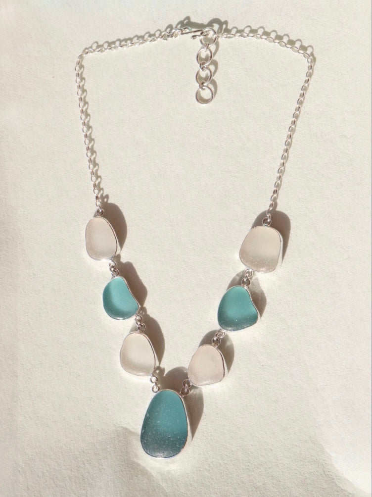Aquamarine and White Sea Glass Necklace with Earrings
