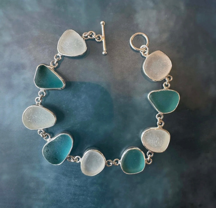 Aquamarine & White Sea Glass Multi-Bezel Bracelet