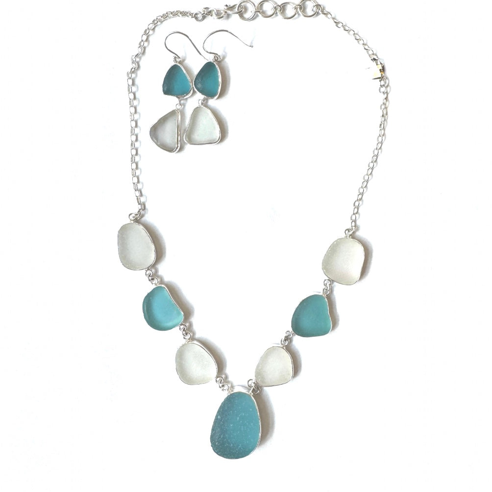 Aquamarine and White Sea Glass Necklace with Earrings