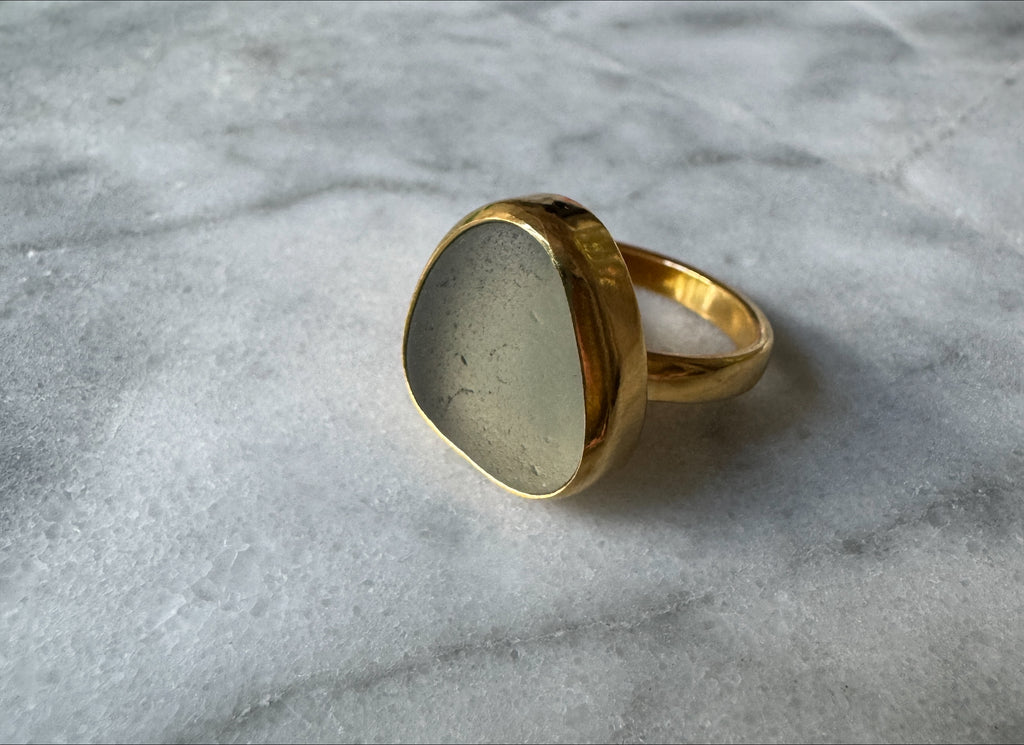 Moody blue-gray sea glass gold vermeil ring – historic sea glass, handcrafted minimalist jewelry