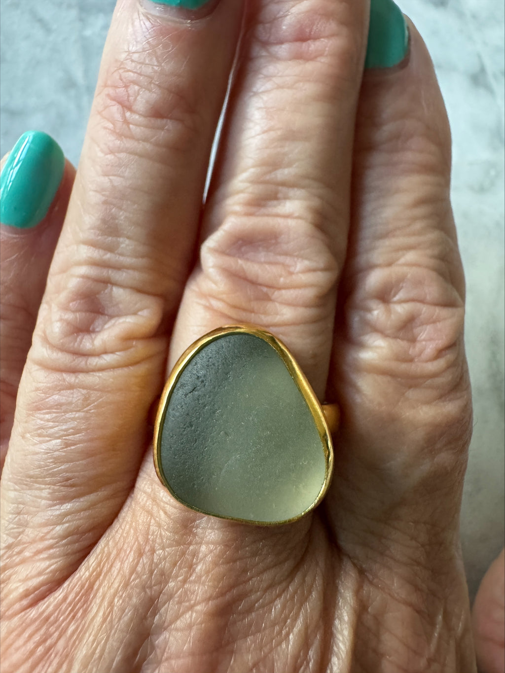Moody blue-gray sea glass gold vermeil ring – historic sea glass, handcrafted minimalist jewelry