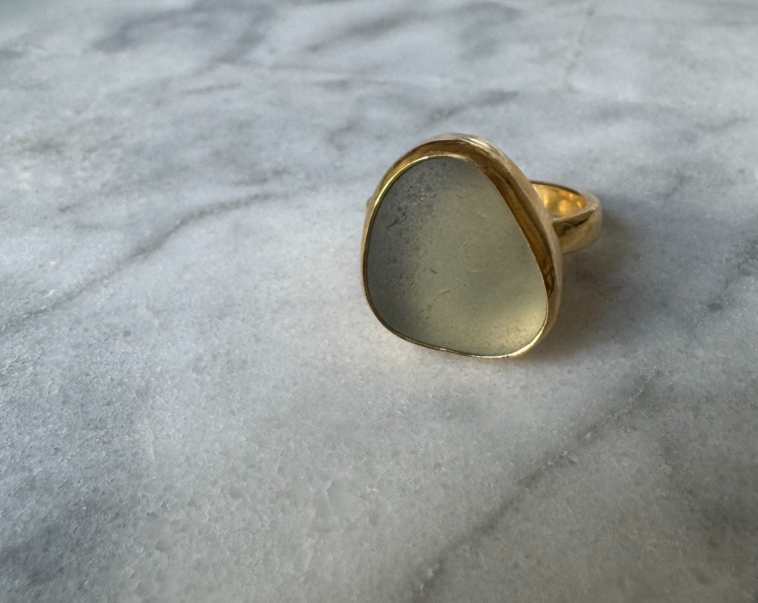 Moody blue-gray sea glass gold vermeil ring – historic sea glass, handcrafted minimalist jewelry