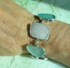 Sterling silver bracelet featuring pale blue and lavender sea glass from Glass Beach, Fort Bragg, California.