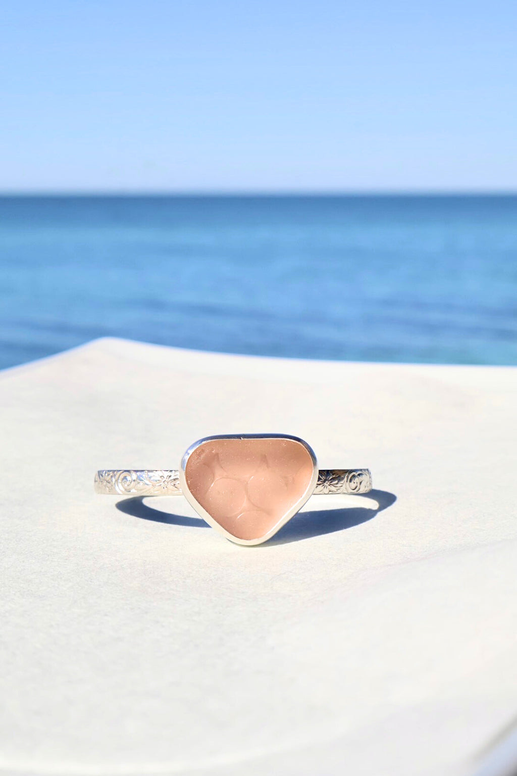 Pink polka-dot sea glass cuff bracelet – sterling silver decorative cuff, ocean-tumbled jewelry