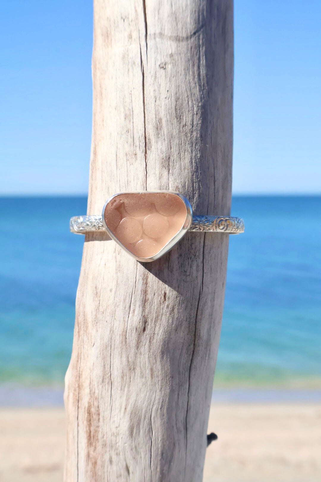 Pink polka-dot sea glass cuff bracelet – sterling silver decorative cuff, ocean-tumbled jewelry