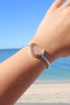 Pink polka-dot sea glass cuff bracelet – sterling silver decorative cuff, ocean-tumbled jewelry