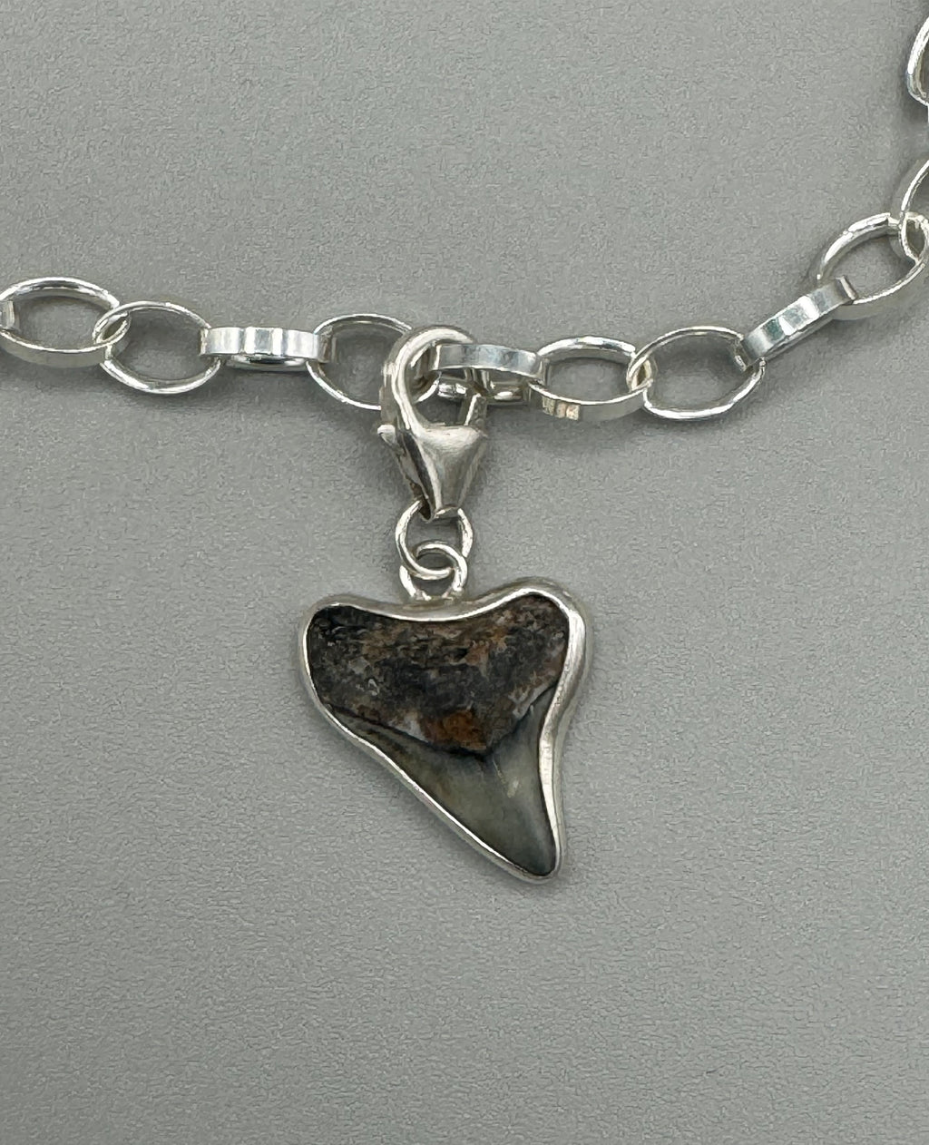 Sterling silver charm bracelet with pink scallop shell, fossilized shark tooth, and aquamarine sea glass from Japan — ocean-inspired handcrafted jewelry.