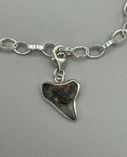 Sterling silver charm bracelet with pink scallop shell, fossilized shark tooth, and aquamarine sea glass from Japan — ocean-inspired handcrafted jewelry.