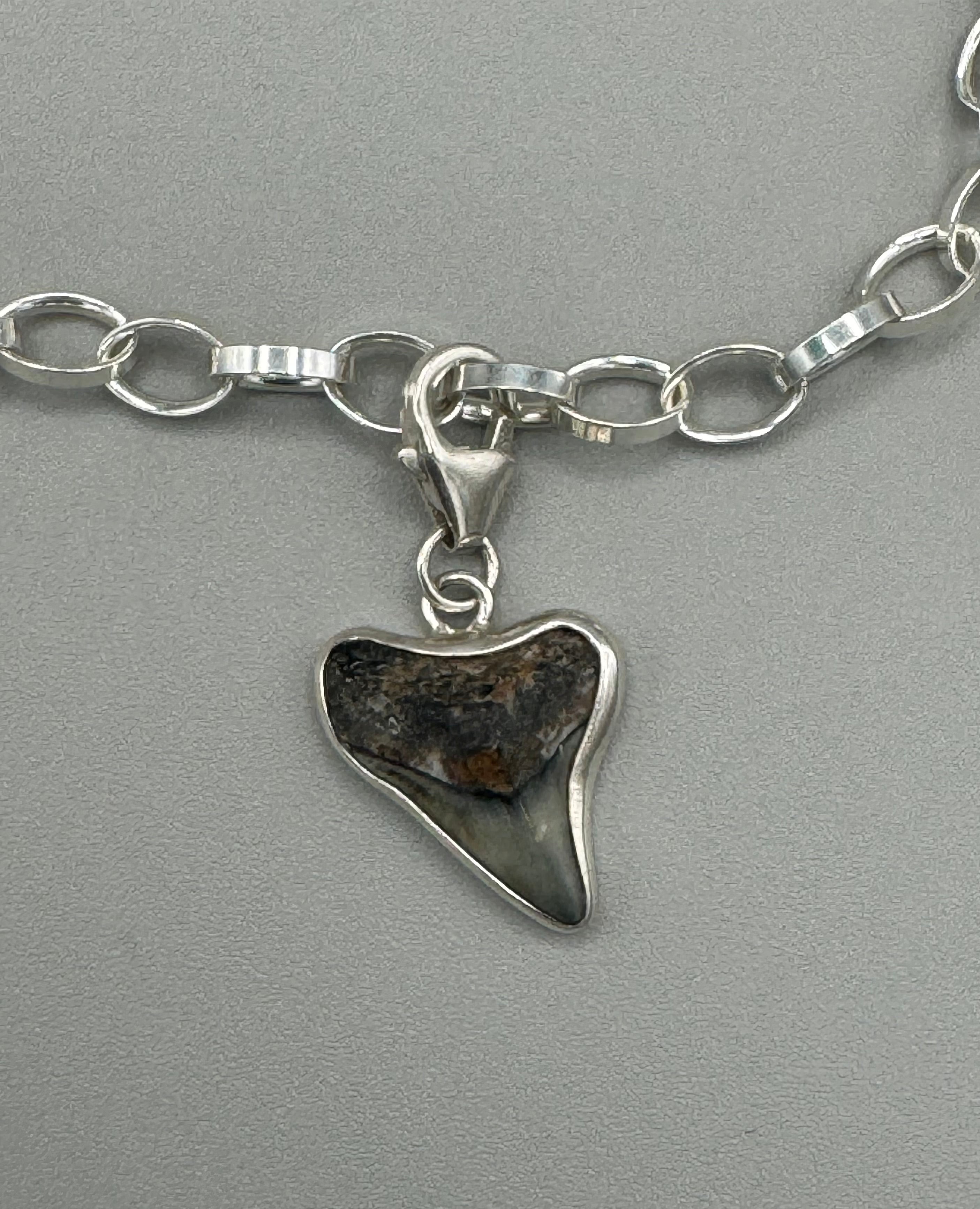 Sterling silver charm bracelet with pink scallop shell, fossilized shark tooth, and aquamarine sea glass from Japan — ocean-inspired handcrafted jewelry.