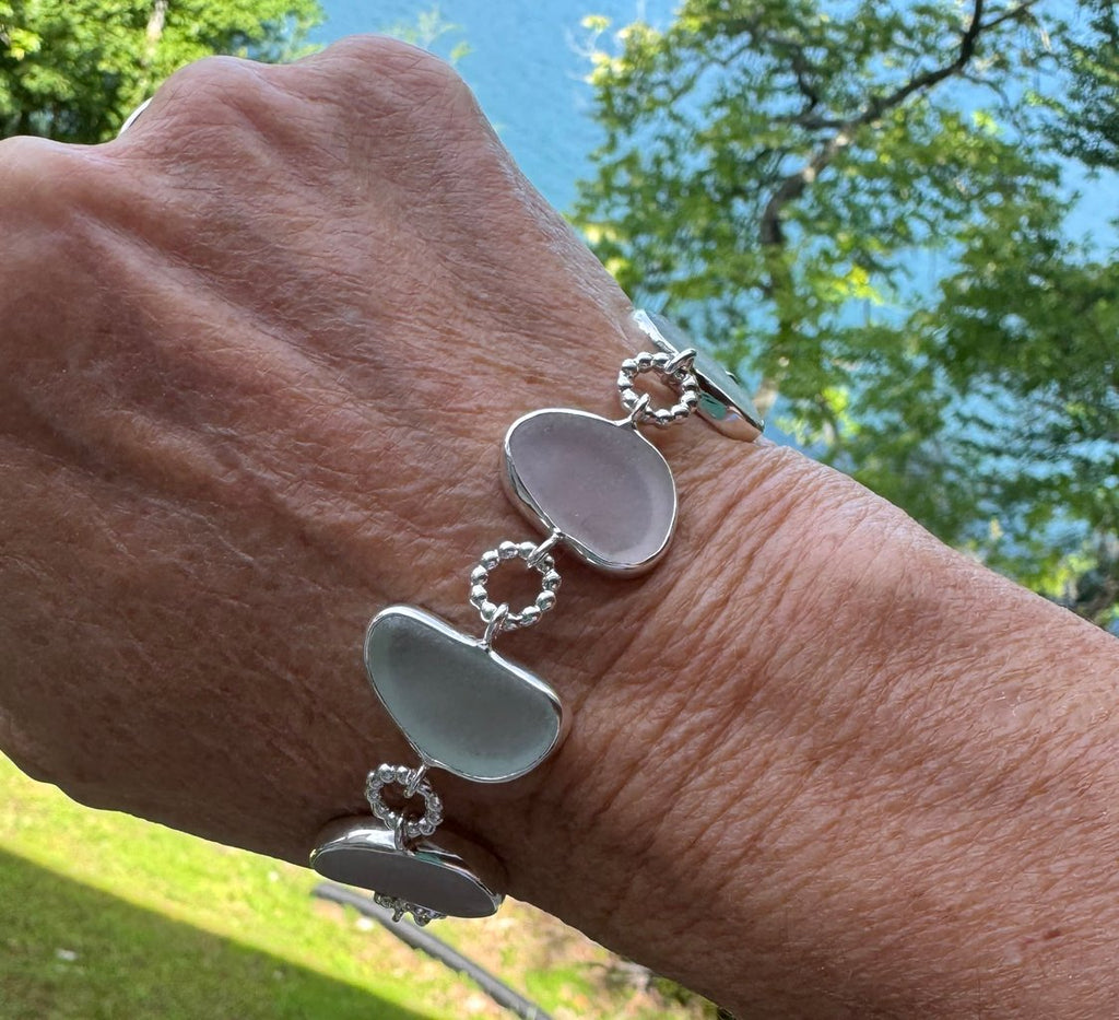 Pastel sea glass multi-bezel bracelet – sterling silver handcrafted jewelry from Spain