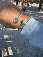 Purple and pink sea glass with abalone bypass cuff – hammered Argentium silver adjustable bracelet, ocean-inspired jewelry