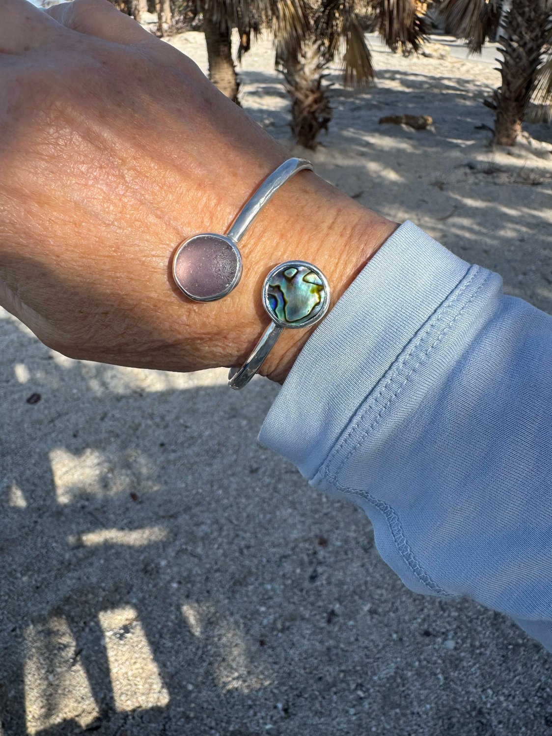 Purple and pink sea glass with abalone bypass cuff – hammered Argentium silver adjustable bracelet, ocean-inspired jewelry