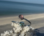 Purple and pink sea glass with abalone bypass cuff – hammered Argentium silver adjustable bracelet, ocean-inspired jewelry