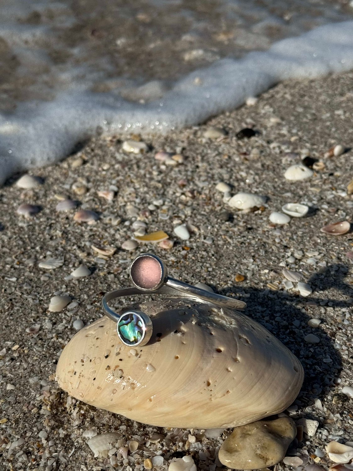 Purple and pink sea glass with abalone bypass cuff – hammered Argentium silver adjustable bracelet, ocean-inspired jewelry