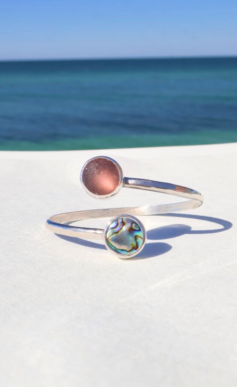 Purple and pink sea glass with abalone bypass cuff – hammered Argentium silver adjustable bracelet, ocean-inspired jewelry