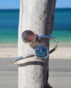 Purple and pink sea glass with abalone bypass cuff – hammered Argentium silver adjustable bracelet, ocean-inspired jewelry