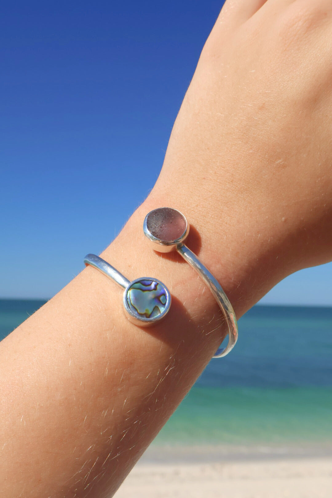 Purple and pink sea glass with abalone bypass cuff – hammered Argentium silver adjustable bracelet, ocean-inspired jewelry