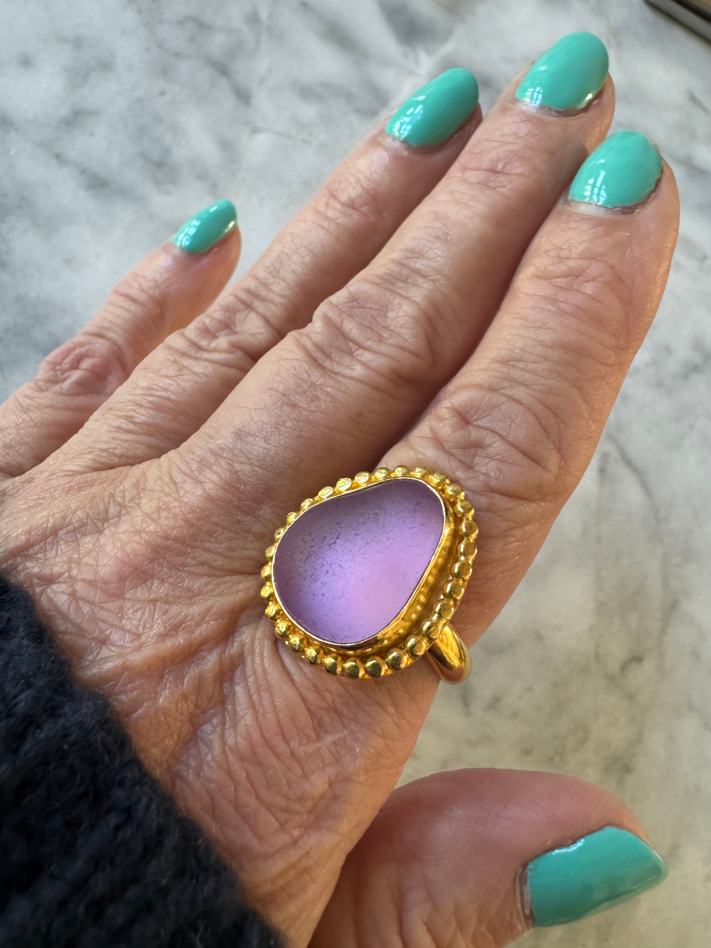 Purple sea glass gold vermeil statement ring – rare collector-quality sea glass, handcrafted jewelry