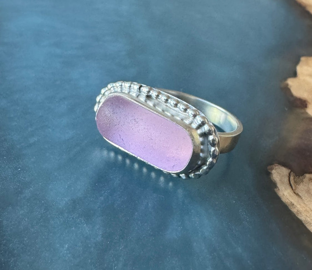 Rare pink sea glass sideways ring – size 9.5 solid silver artisan coastal jewelry