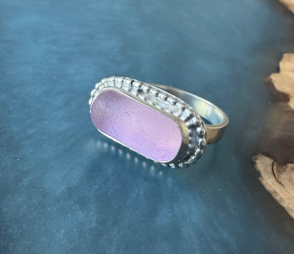 Rare pink sea glass sideways ring – size 9.5 solid silver artisan coastal jewelry