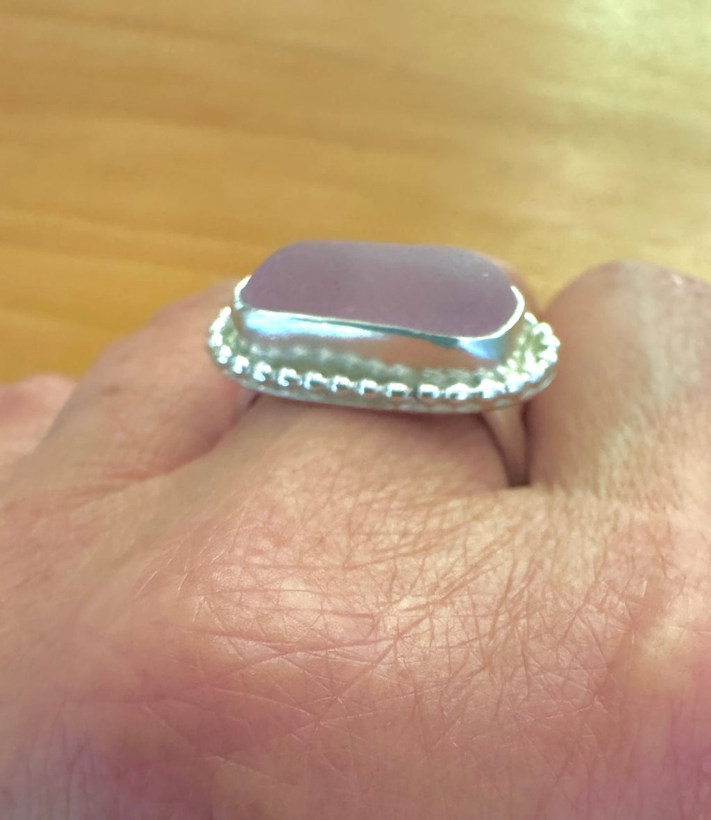 Rare pink sea glass sideways ring – size 9.5 solid silver artisan coastal jewelry