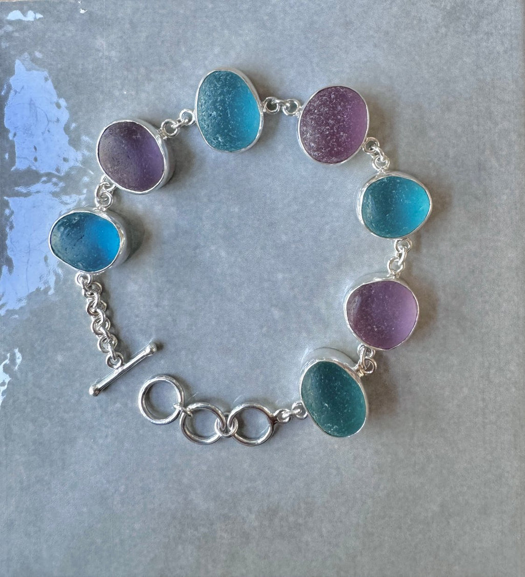 Rare turquoise, blue, and purple sea glass bracelet – handcrafted sterling silver ocean jewelry