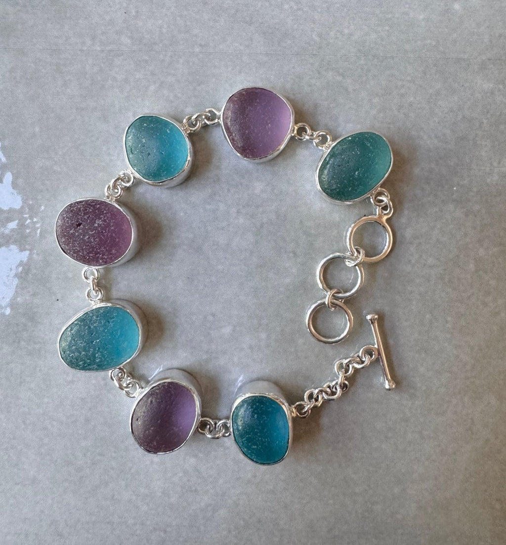 Rare turquoise, blue, and purple sea glass bracelet – handcrafted sterling silver ocean jewelry