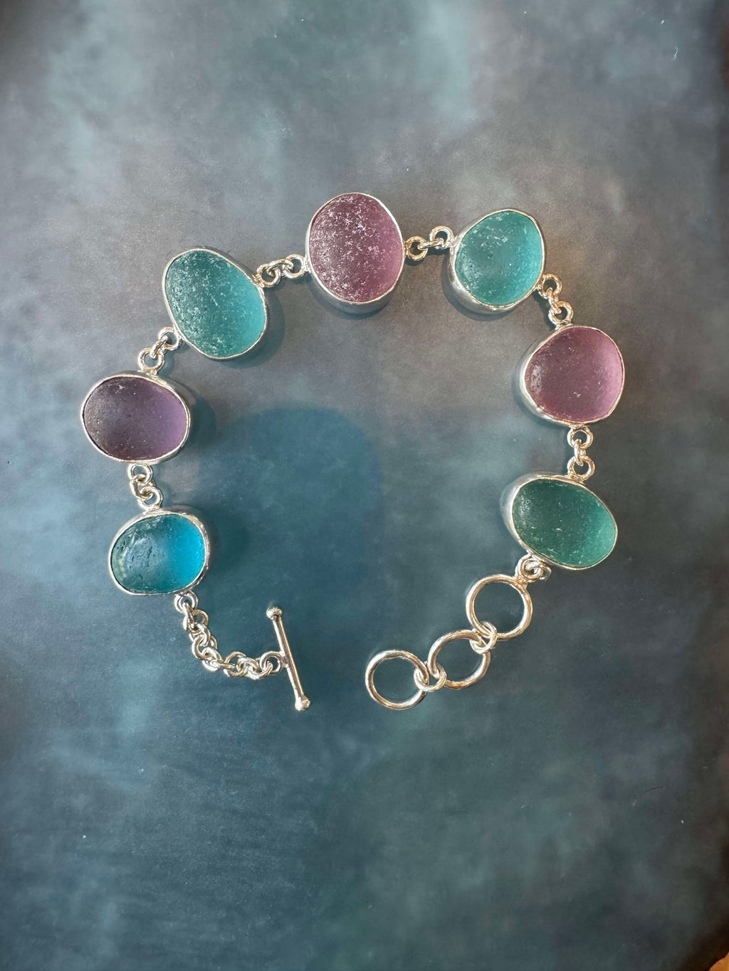 Rare turquoise, blue, and purple sea glass bracelet – handcrafted sterling silver ocean jewelry
