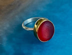Rare red sea glass ring from Spain – size 7.75 with 22K gold bezel and Argentium silver band
