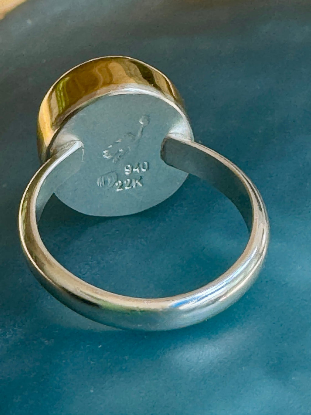 Rare red sea glass ring from Spain – size 7.75 with 22K gold bezel and Argentium silver band