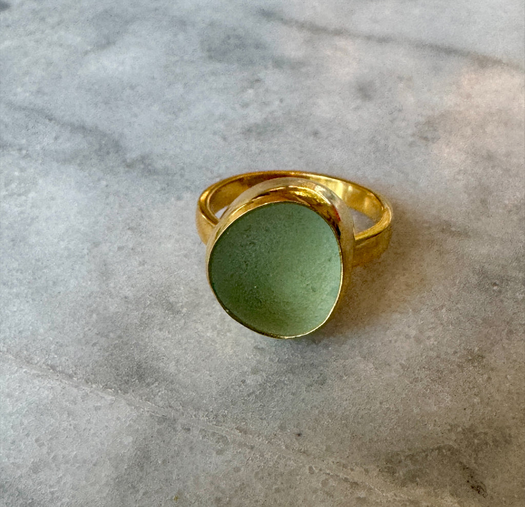 Sea foam bubble sea glass gold vermeil ring – historic, collector-quality, heirloom jewelry