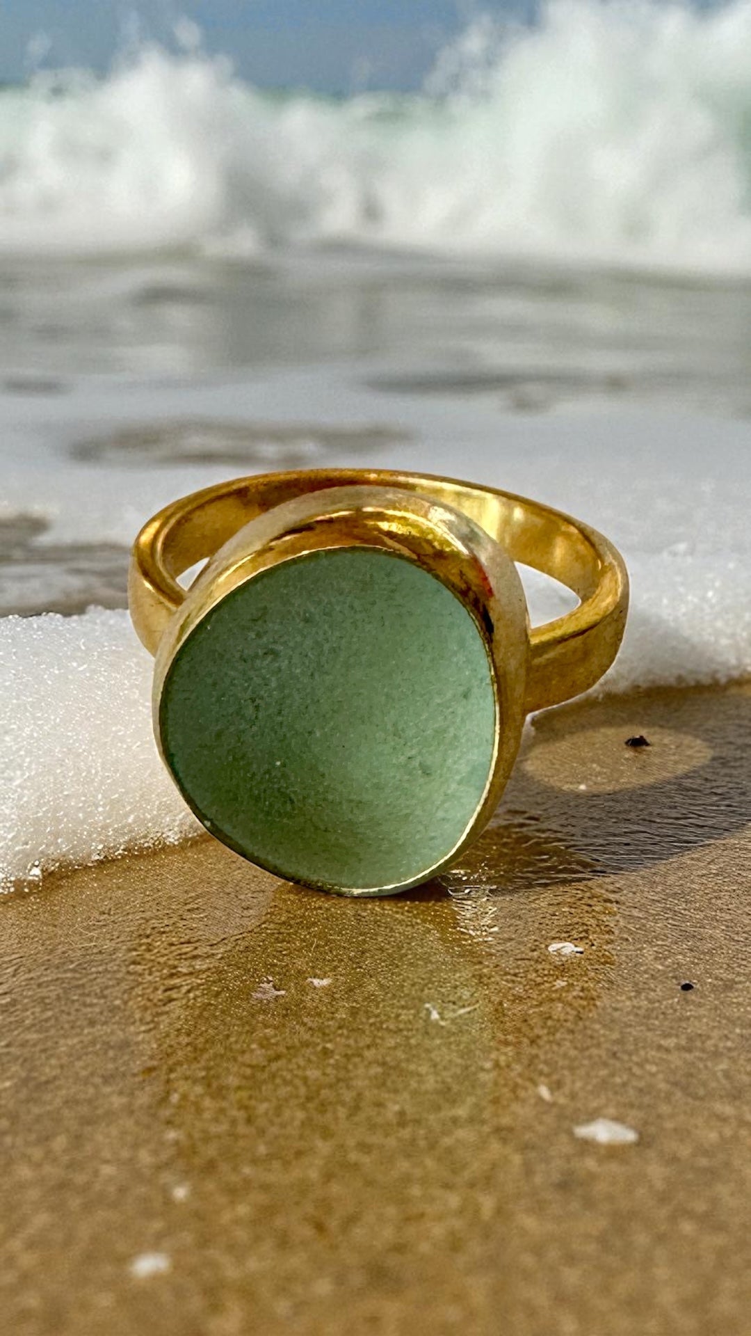 Sea foam bubble sea glass gold vermeil ring – historic, collector-quality, heirloom jewelry