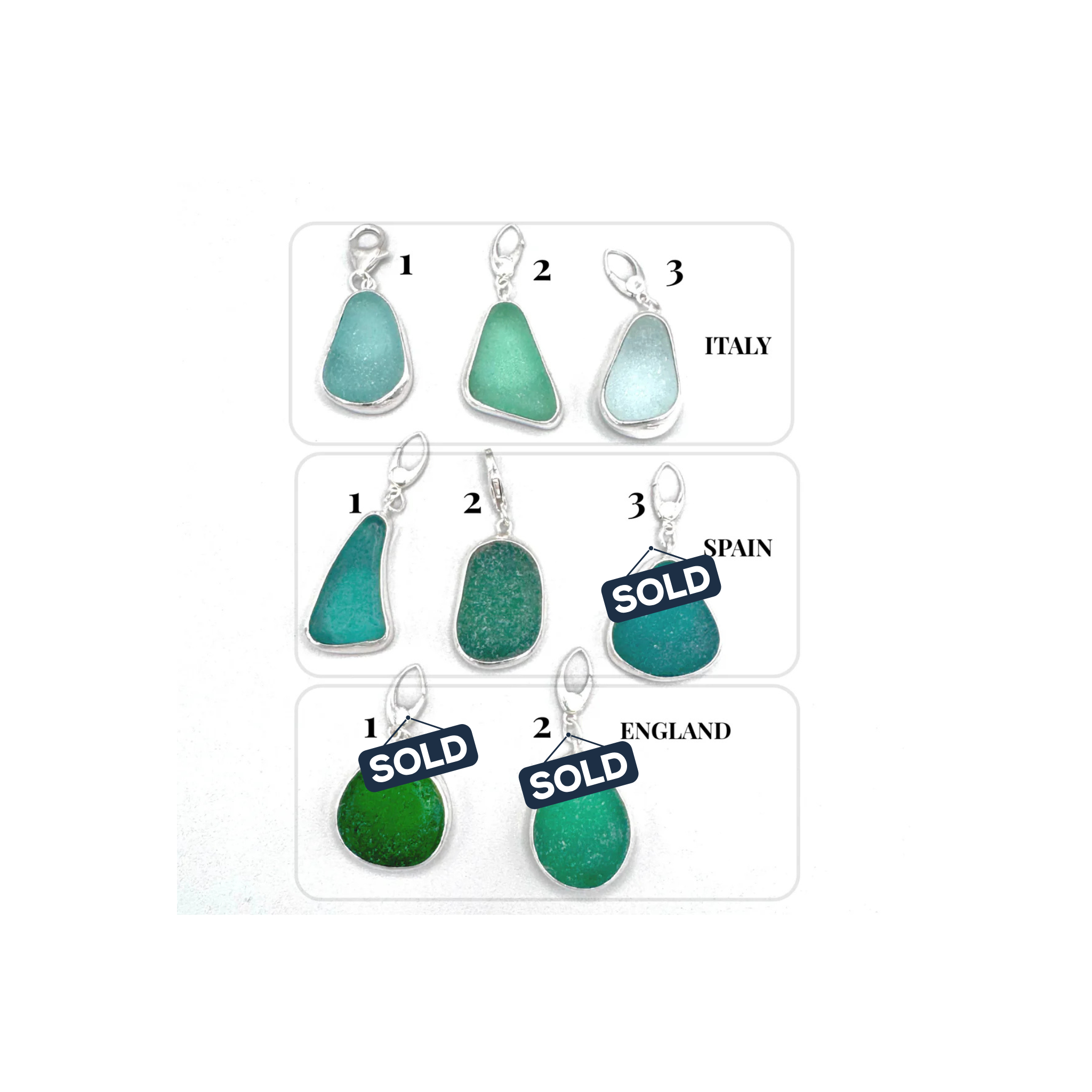 Set of green and blue pendant charms with labels indicating origin on a white background