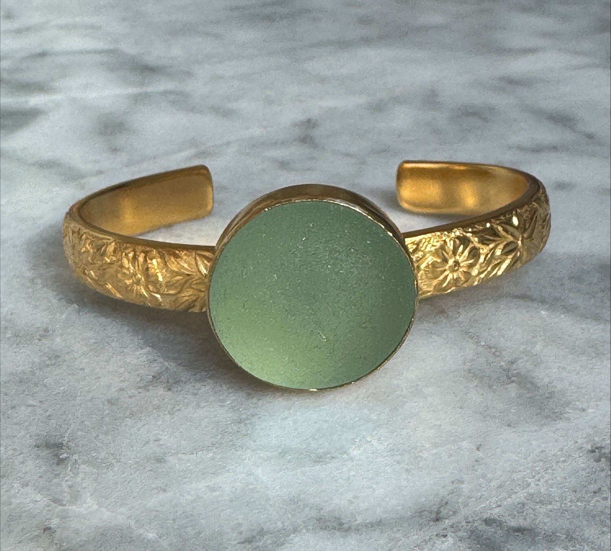 Seafoam green sea glass bubble cuff bracelet – gold vermeil adjustable handmade jewelry from England
