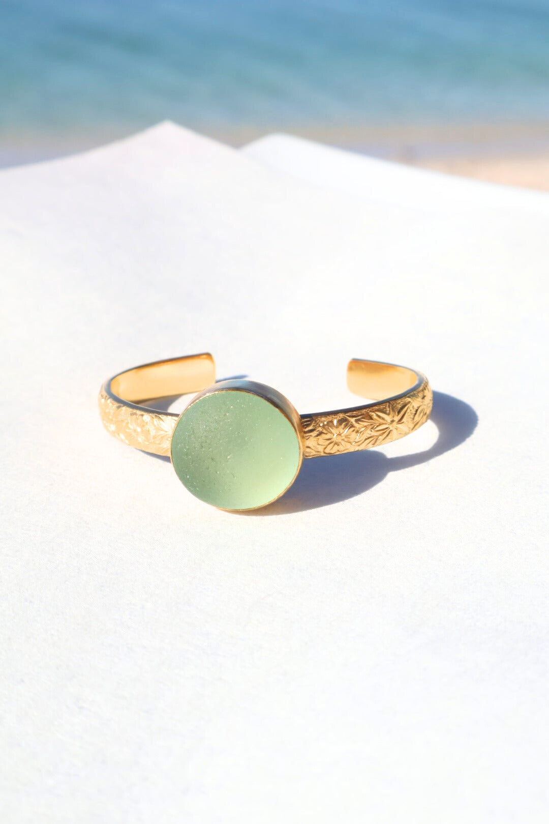 Seafoam green sea glass bubble cuff bracelet – gold vermeil adjustable handmade jewelry from England
