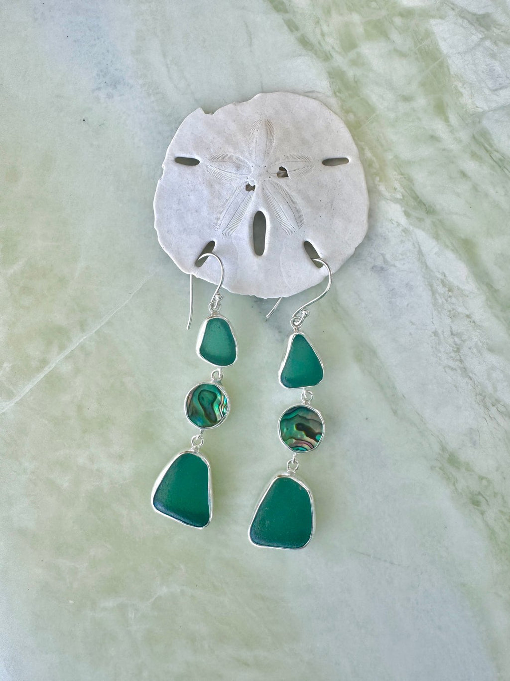 Teal sea glass and abalone shell earrings – artisan boho coastal jewelry from Greece & India