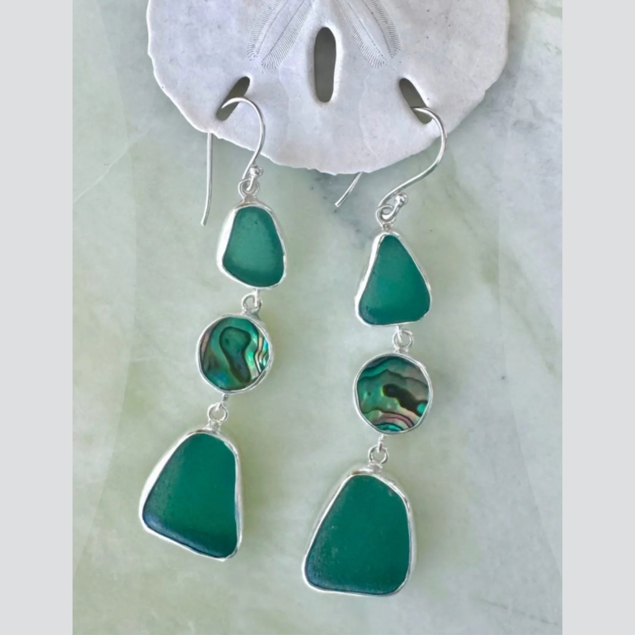 Teal sea glass and abalone shell earrings – artisan boho coastal jewelry from Greece & India
