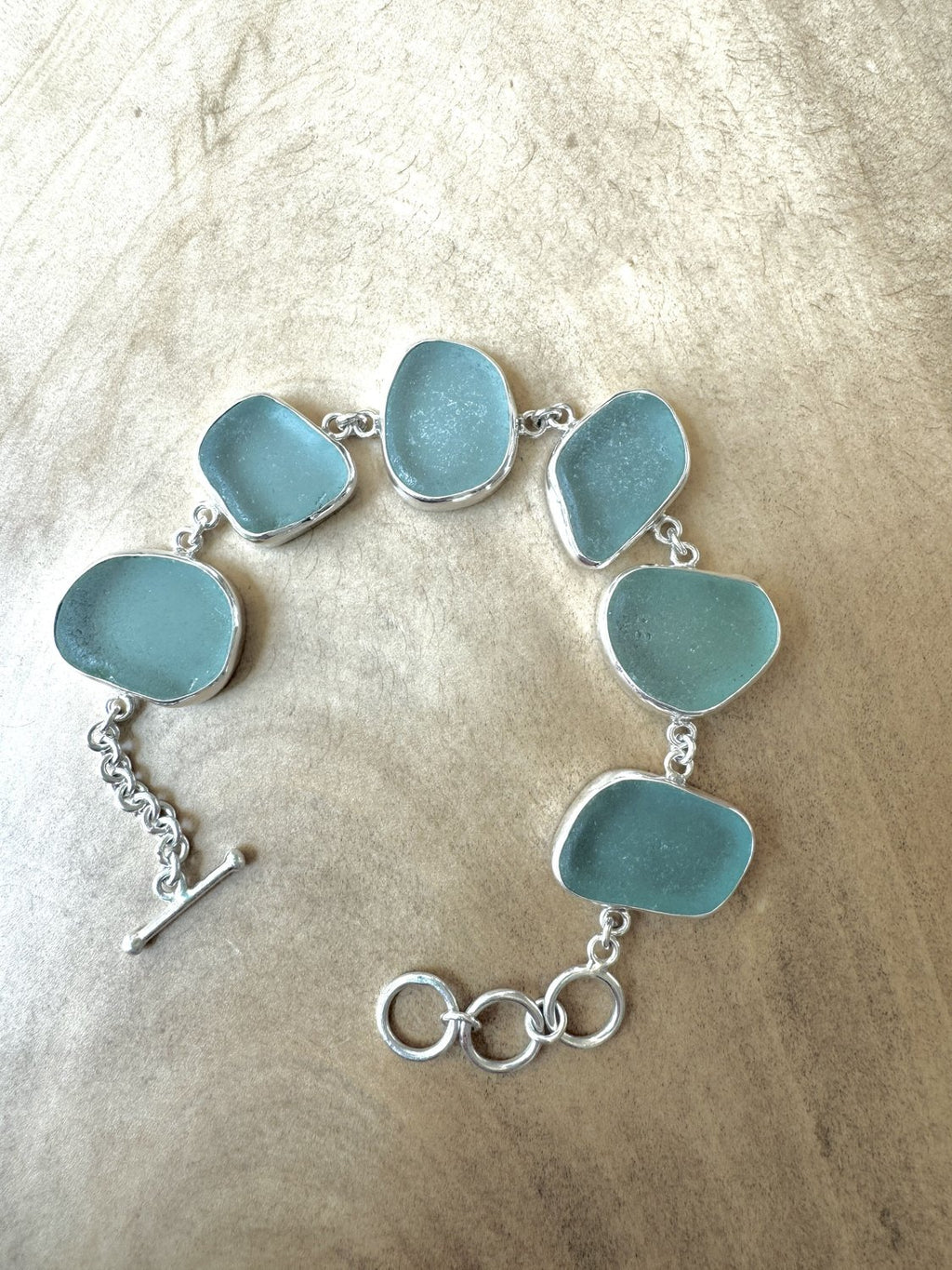 Teal seafoam sea glass bracelet from Italy – sterling silver adjustable ocean jewelry